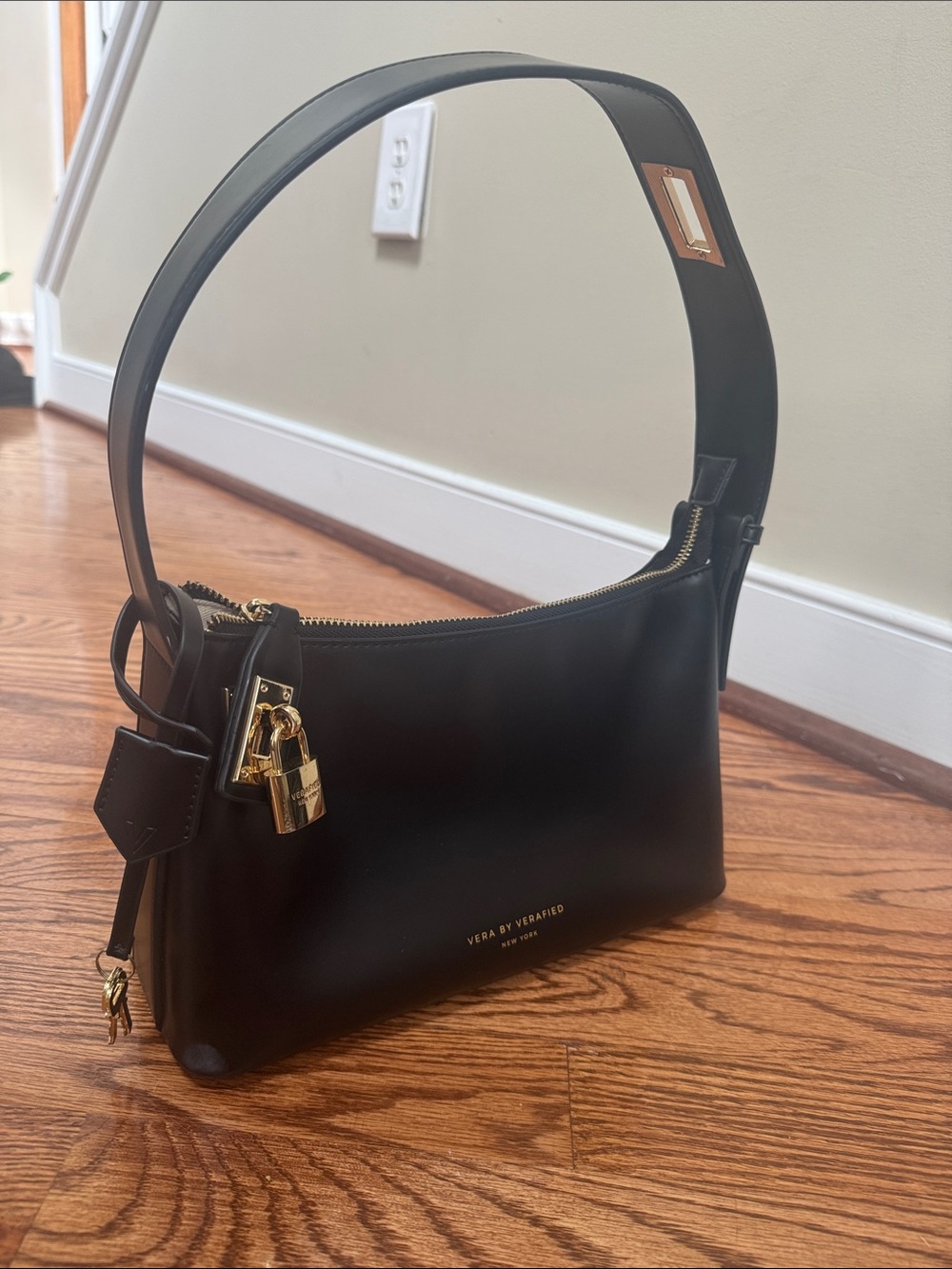 Black Leather Shoulder Bag with Gold Hardware - Picture 2 of 7